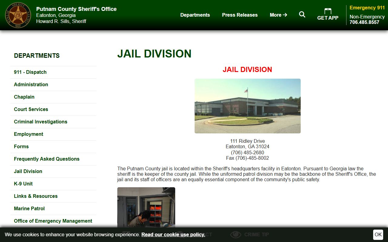 Putnam County inmate population jail division capacity and visitation information