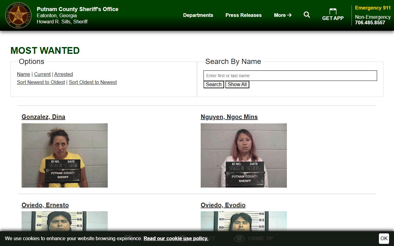 Putnam County Sheriff's Office Most Wanted search page