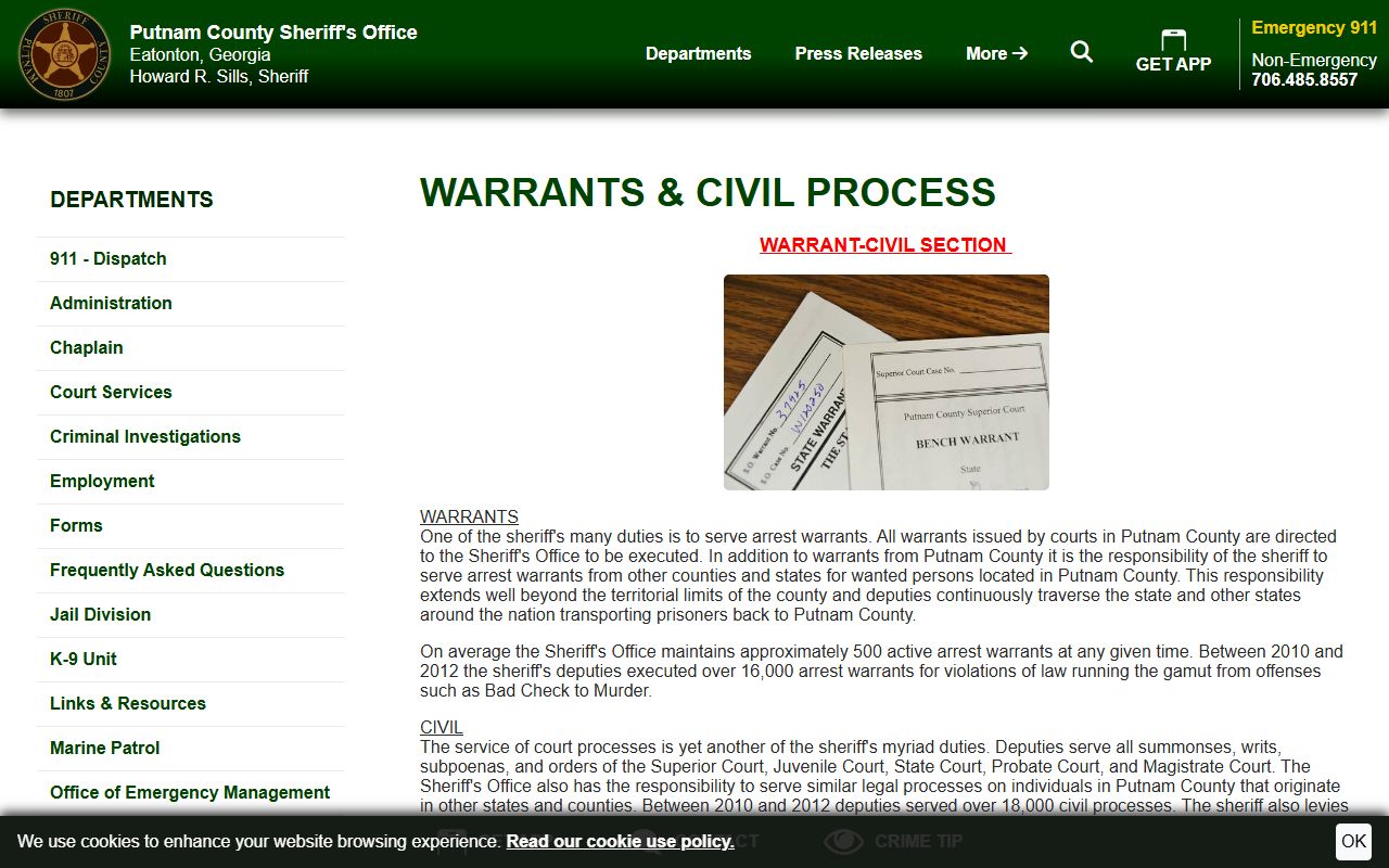 Putnam County Sheriff's Office Warrants and Civil Process page